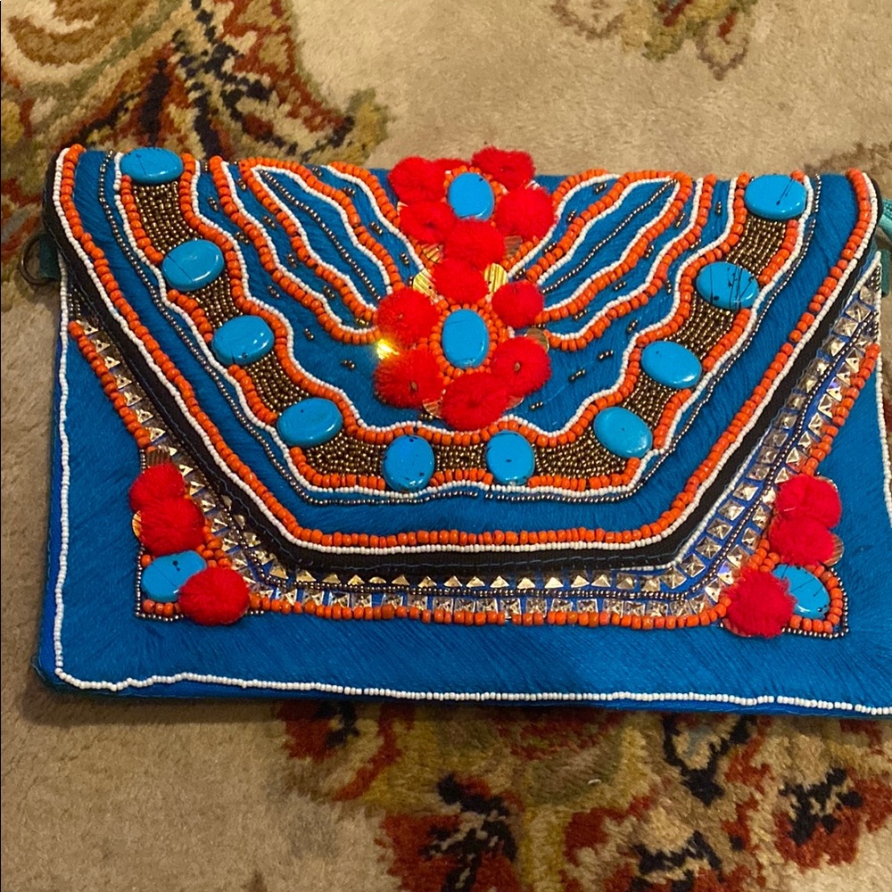 Boston Proper Blue and Red Embroidered Clutch